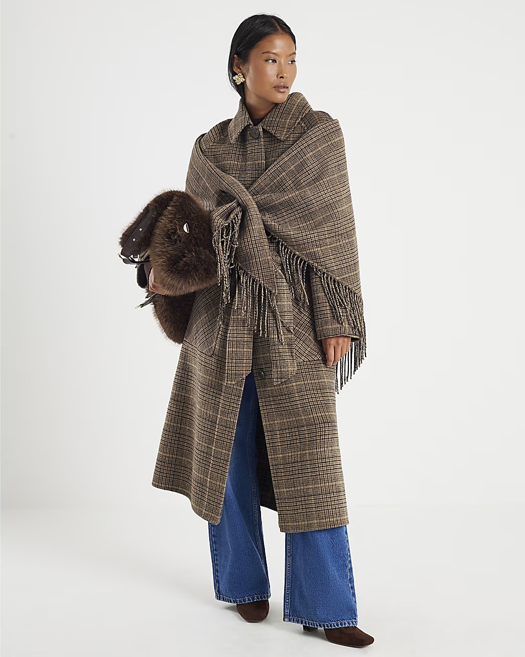 River Island, Wool Blend Check Trench Coat
