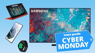 A selection of Cyber Monday Samsung deals shown over a blue background