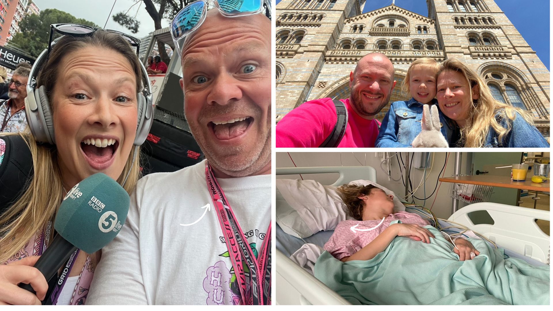 (L-R) Jennie with Tom Kerridge, Jennie with her husband and daughter, Jennie in hospital
