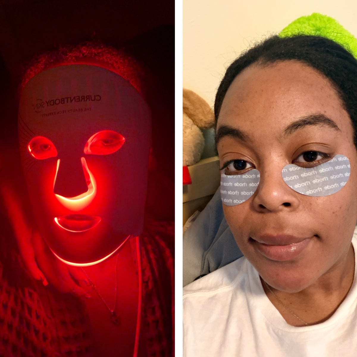 Ariel Wilson wearing an LED light mask and undereye patches in a horizontal collage. 