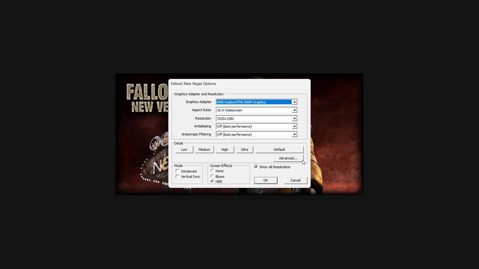 Fallout New Vegas graphical settings for handhelds