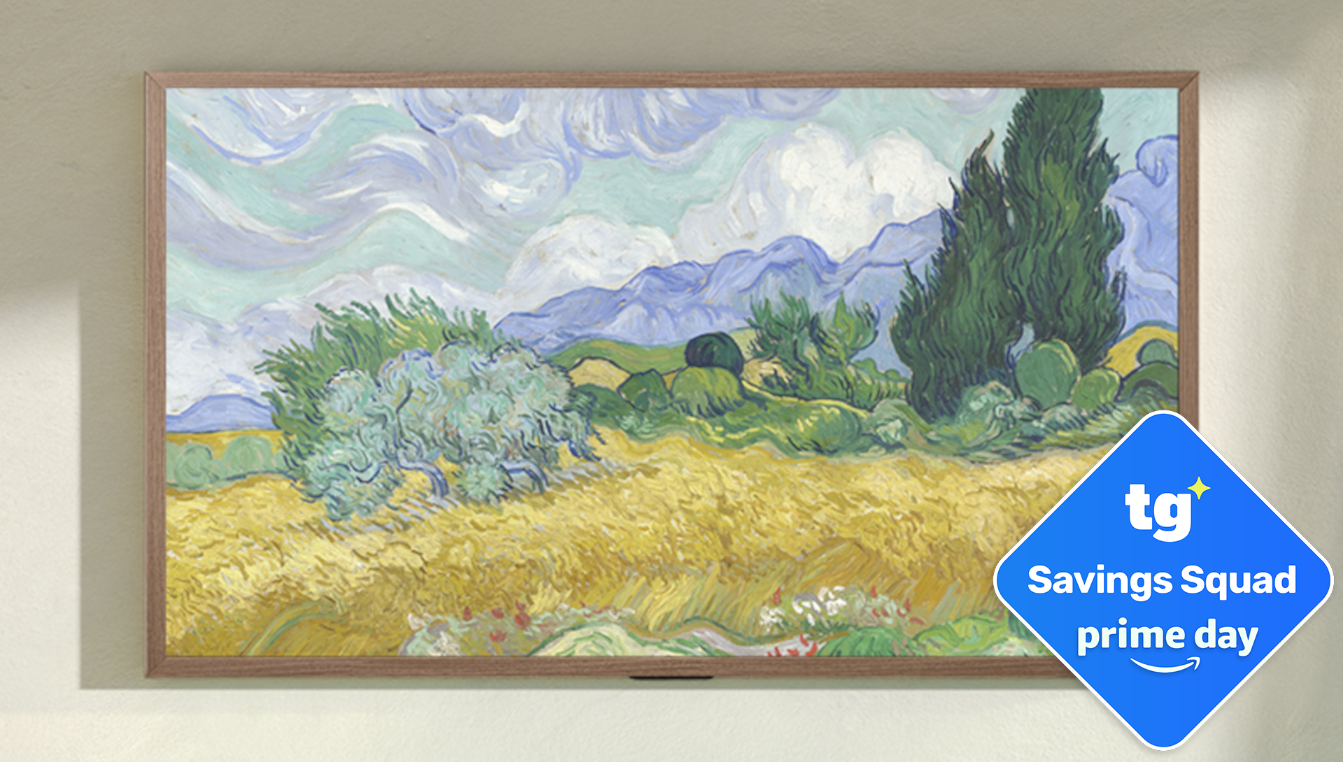 The Hisense S7 Canvas TV displaying an oil painting while mounted on a wall