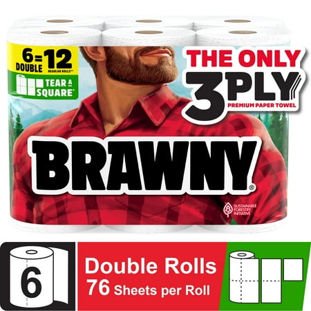 Brawny Tear-A-Square 3-Ply Paper Towels, 6 Double Rolls