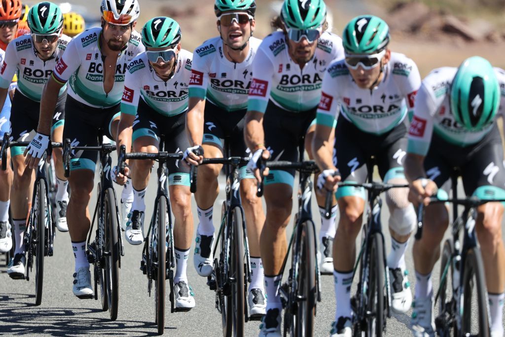 Team Bora Hansgrohe riders and Team Bora rider Slovakias Peter Sagan 2ndL lead the first pack during the 7th stage of the 107th edition of the Tour de France cycling race 168 km between Millau and Lavaur on September 4 2020 Photo by KENZO TRIBOUILLARD AFP Photo by KENZO TRIBOUILLARDAFP via Getty Images