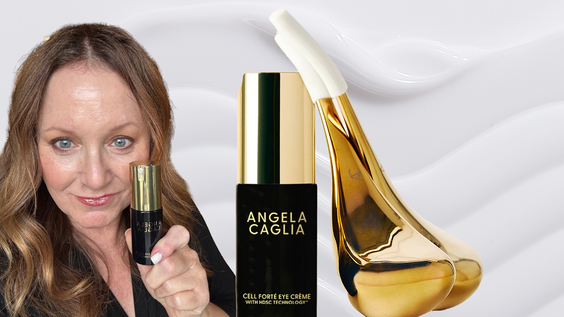 woman holding angela caglia cell forte eye creme
