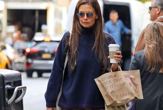 Katie Holmes in navy sweater