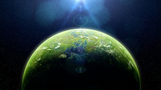 An illustration of a green and blue planet in space with light shining on it. 