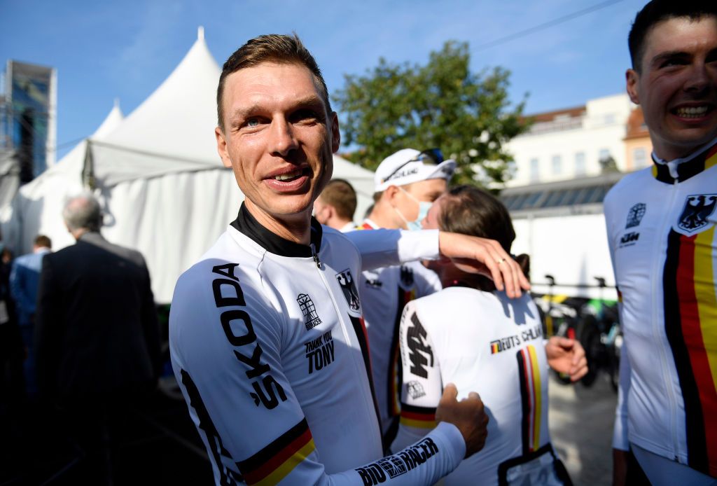 Tony Martin (Germany) after winning the team time trial mixed relay at the UCI Road World Championships