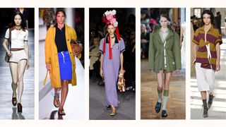 5 models on the runway wearing spring summer trends Gucci, Miu Miu, Vivienne Westwood, Victoria Beckham, Dries Van Noten