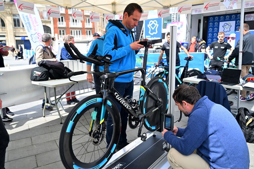 ST QUENTIN FRANCE MAY 18 UCI regulators check bikes prior to the 67th 4 Jours de Dunkerque Grand Prix des Hauts de France 2023 Stage 3 a 159km Individual time trial in SaintQuentin on May 18 2023 in St Quentin France Photo by Luc ClaessenGetty Images
