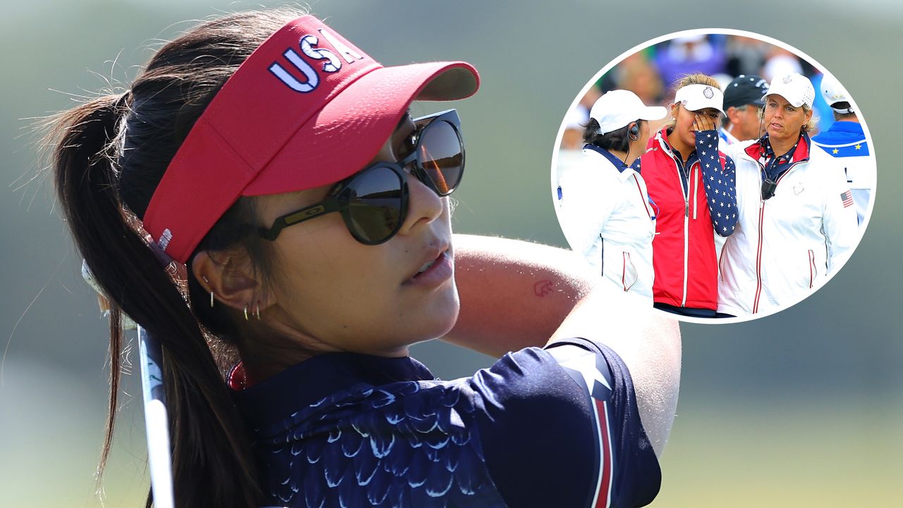 Alison Lee hits a drive and an inset of her crying at the 2015 Solheim Cup