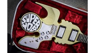John Birch Super Yob reissue: “Marco Pirroni bought the original. This one has [LED fretboard markers] and it’s got a laser in the headstock”