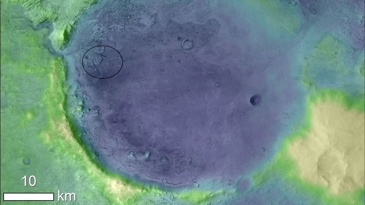 Lighter colors represent higher elevation in this image of Jezero Crater on Mars, the landing site for NASA&#039;s Mars 2020 mission. The oval indicates the landing ellipse, where the rover will be touching down on Mars.