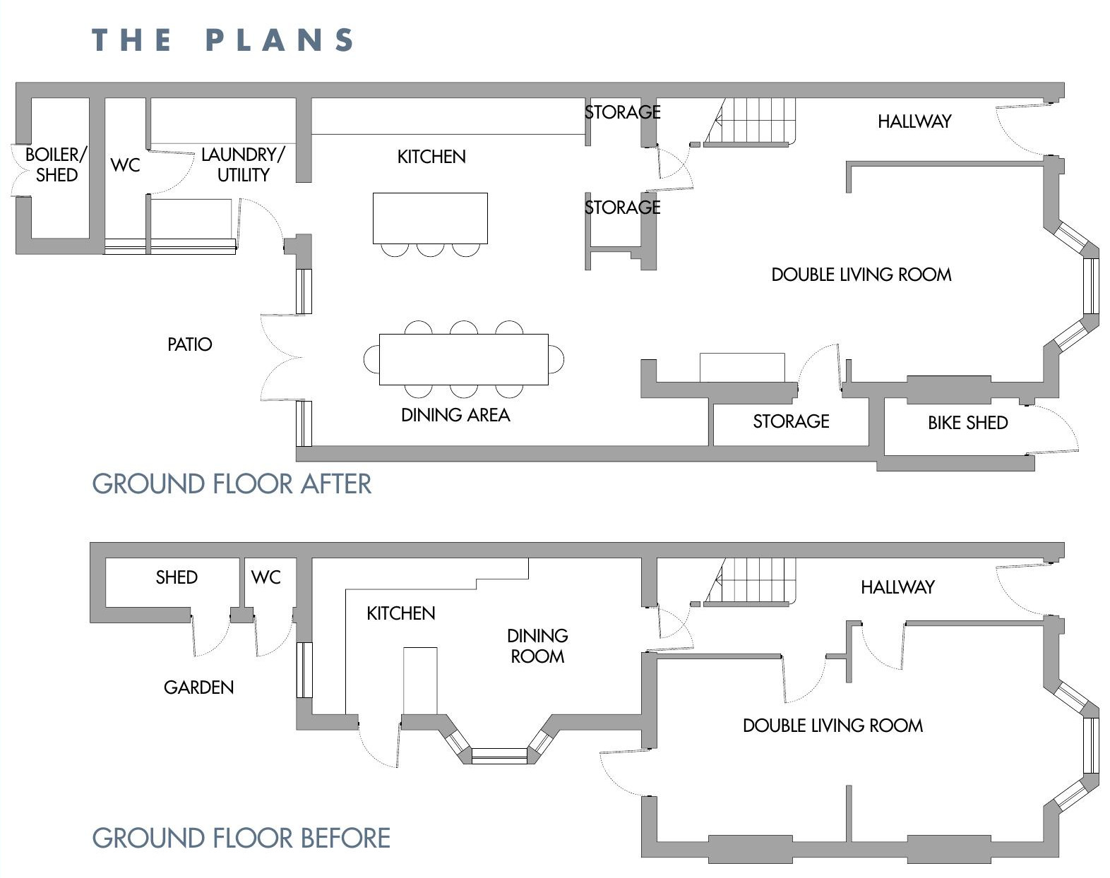 A floor plan comparison showing the layout of a ground floor before and after renovations, including rooms like the kitchen, dining area, and double living room.