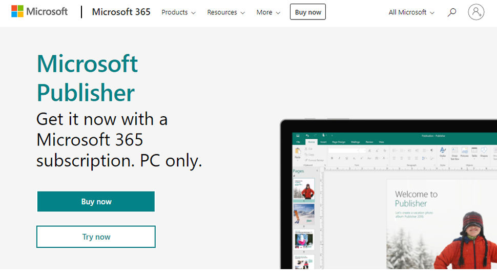 Tangkapan layar situs web untuk Microsoft Publisher.