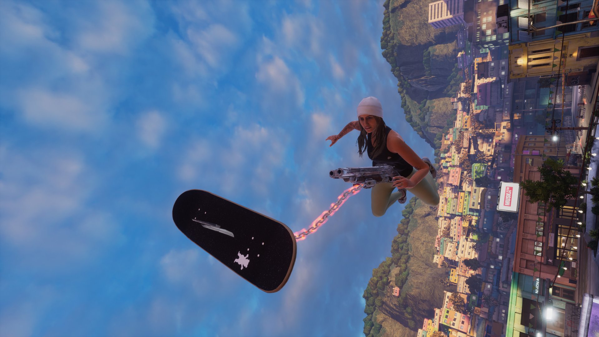 Tony Hawk's Pro Skater 3 + 4 screenshot of a woman wearing a beanie performing a skateboarding trick midair, with a gun changed to the board