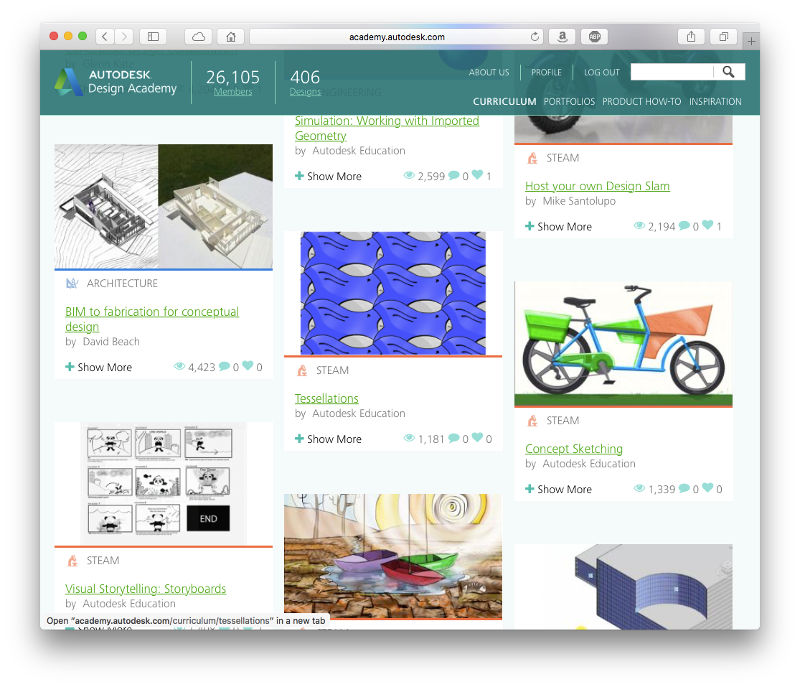 Screenshot of Autodesk Design Academy showing curriculim options