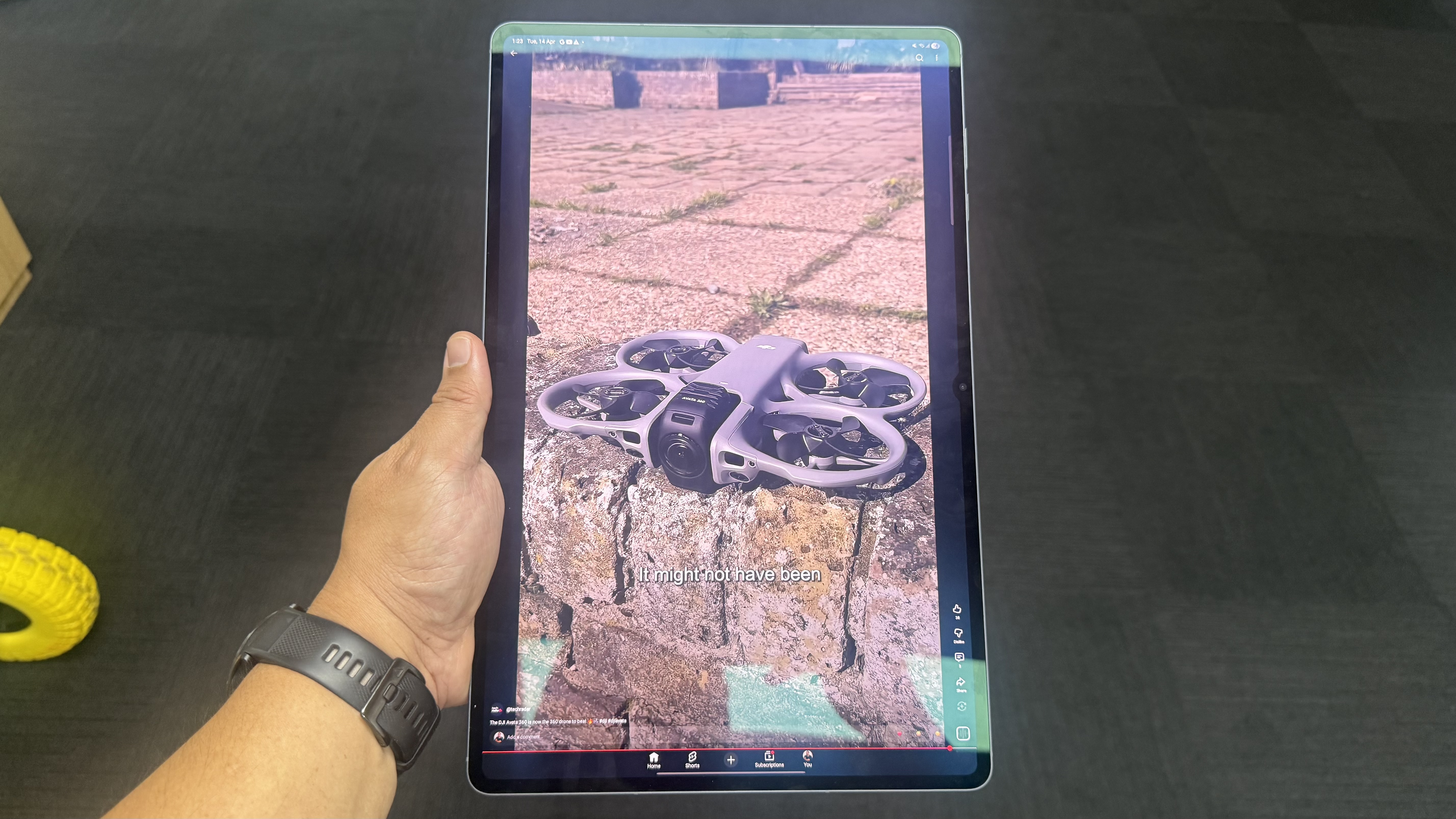 Samsung Galaxy Tab S11 Ultra in portrait mode playing a YouTube Shorts video