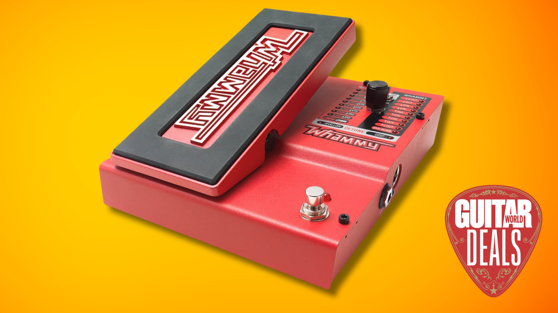 A Digitech Whammy 5 pitch shifter guitar pedal on an orange background