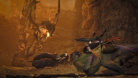 Promotional screenshot of a player witnessing a Turf War in Monster Hunter Wilds.