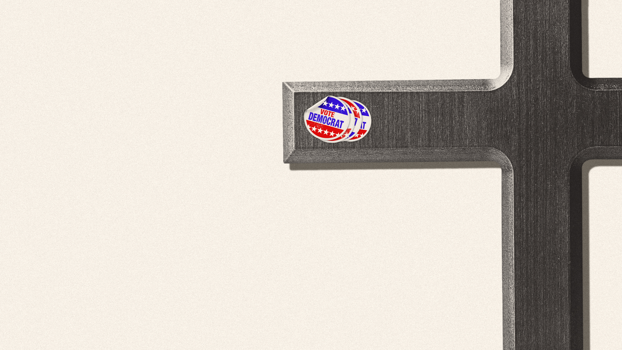 Illustration of a wooden crucifix stickered with pro-Democrat stickers