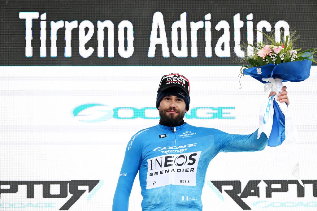 COLFIORITO ITALY MARCH 12 Filippo Ganna of Italy and Team INEOS Grenadiers celebrates at podium as Blue Leader Jersey winner during to the 60th TirrenoAdriatico 2025 Stage 3 a 239km stage from Follonica to Colfiorito UCIWT on March 12 2025 in Colfiorito Italy Photo by Tim de WaeleGetty Images