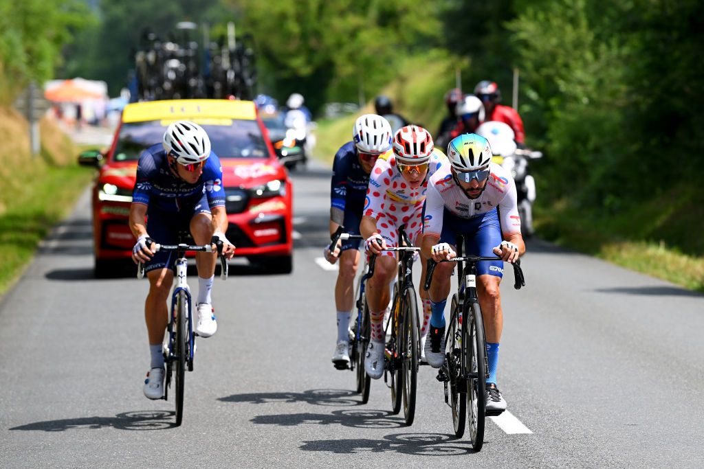 VILLENEUVESURLOT FRANCE JULY 11 LR Valentin Madouas of France and Team Groupama FDJ Jonas Abrahamsen of Norway and Team UnoX Mobility Polka Dot Mountain Jersey and Anthony Turgis of France and Team TotalEnergies compete in the breakaway during the 111th Tour de France 2024 Stage 12 a 2036km stage from Aurillac to VilleneuvesurLot UCIWT on July 11 2024 in VilleneuvesurLot France Photo by Dario BelingheriGetty Images