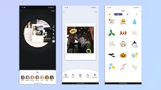 A compilation of screenshots showing the Fujifilm Instax Pal app open on a Google Pixel 7 Pro