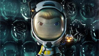 Sackboy posing in spacesuit with cracked helmets in the background mimicking Returnal box art