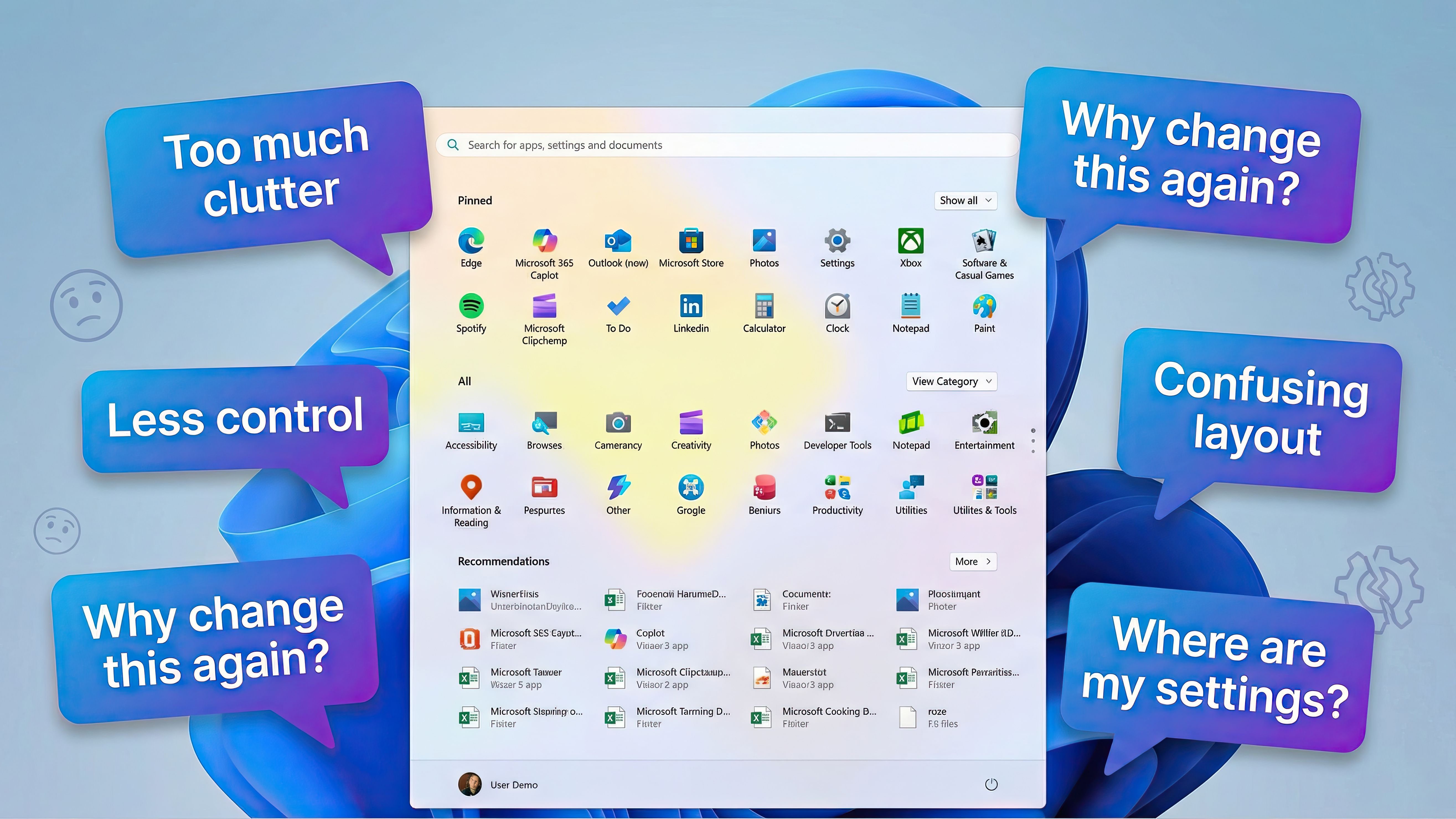 Windows 11 Start menu with user comments on its design