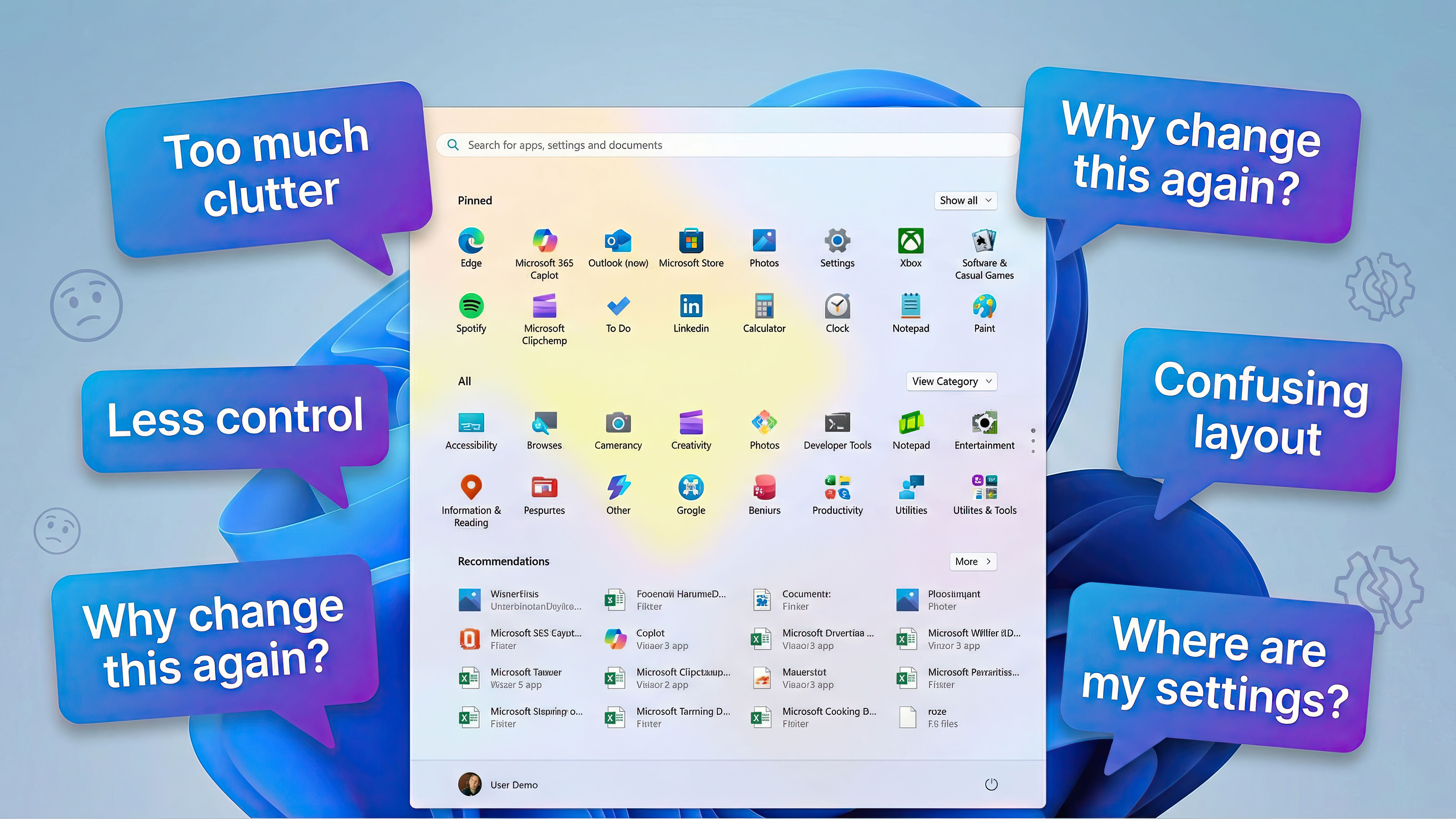 Windows 11 Start menu with user comments on its design