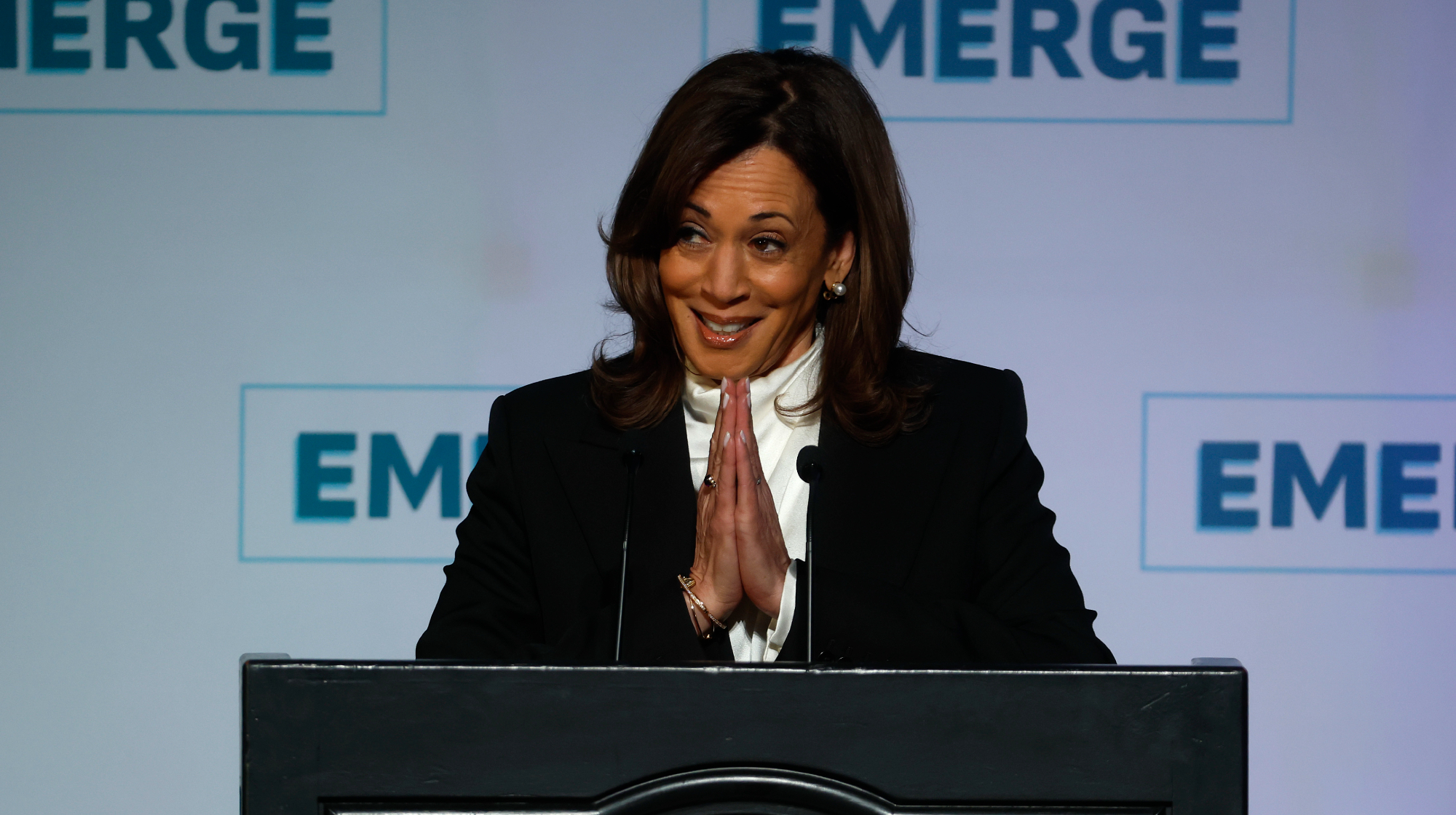 SAN FRANCISCO, CALIFORNIA - APRIL 30: Former U.S. Vice President Kamala Harris delivers a keynote address during the Emerge 20th Anniversary Gala at the Palace Hotel on April 30, 2025 in San Francisco, California. Kamala Harris delivered her first public speech since leaving office in January.