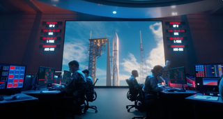 a military control room with people monitoring a rocket launch