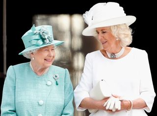 Queen Elizabeth II and Camilla, Duchess of Cornwall attend the Ceremonial Welcome in the Buckingham Palace Garden