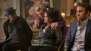 Samuel L. Jackson, Antonio Banderas, Salma Hayek, and Ryan Reynolds in 'Hitman's Wife's Bodyguard'.