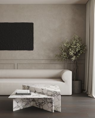 a marble coffee table in a modern living room