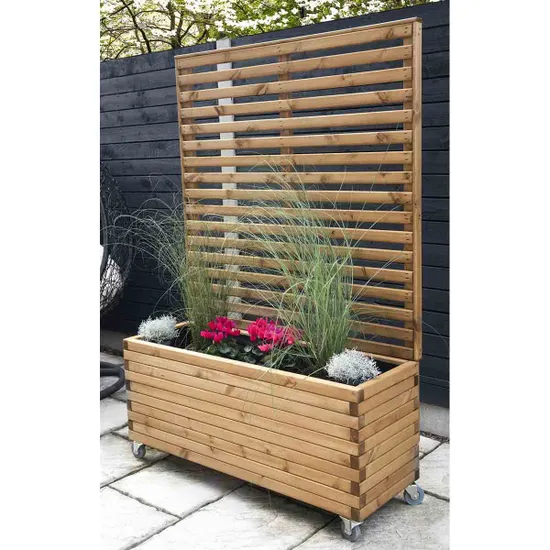 wooden slatted garden planter with trellis and castors