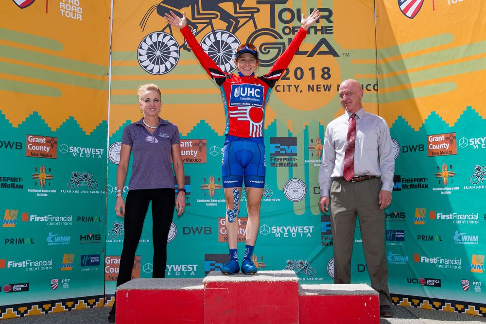 Katie Hall (UnitedHealthcare) on the podium after stage 2 at Tour of the Gila.