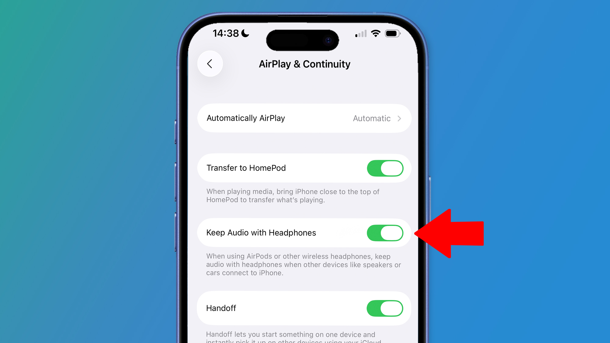 A phone on a green and blue background showing the iOS 26 settings page