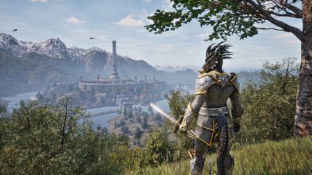 An Argonian character looking over the Imperial City in The Elder Scrolls 4: Oblivion Remastered
