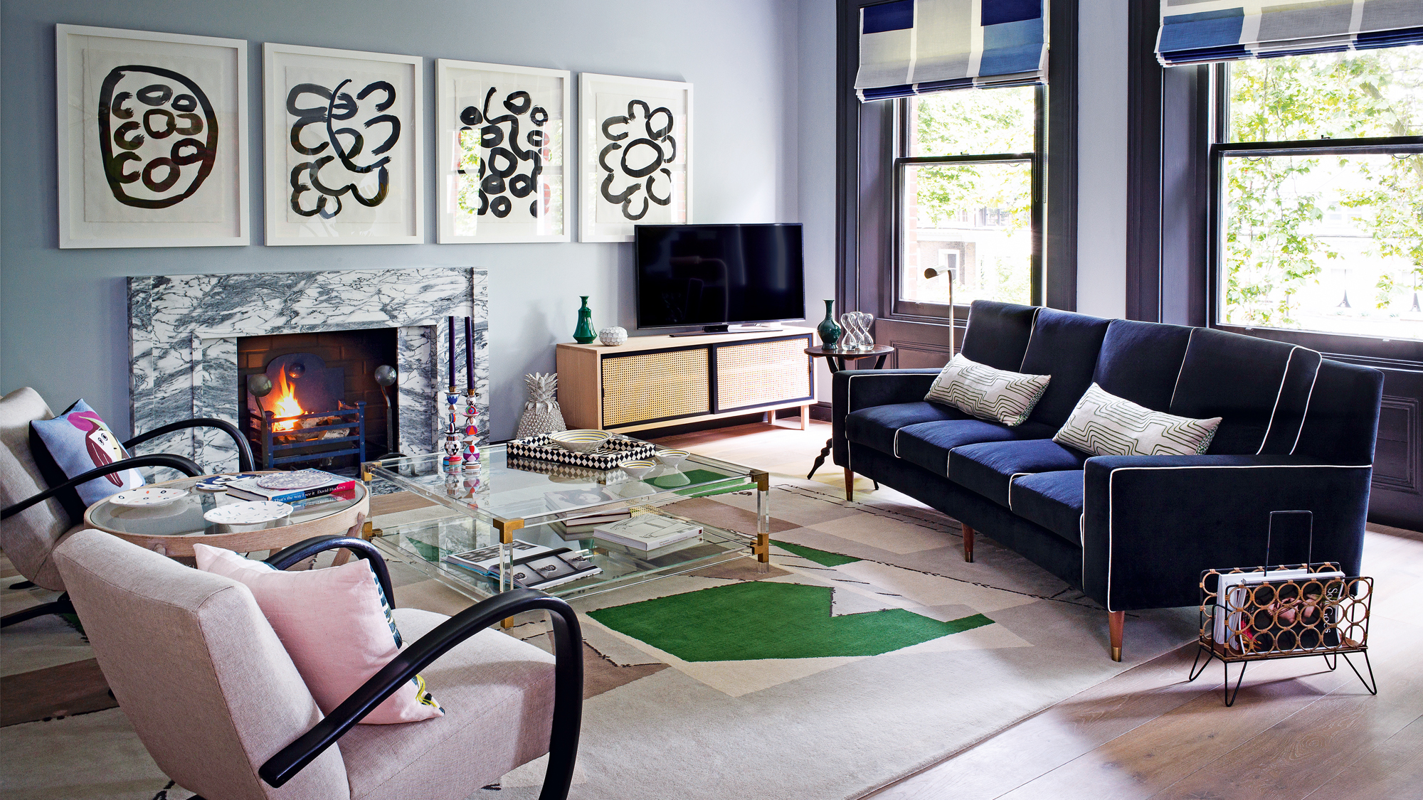 light blue and dark blue living room