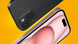 iPhone 15 Plus sur un fond orange