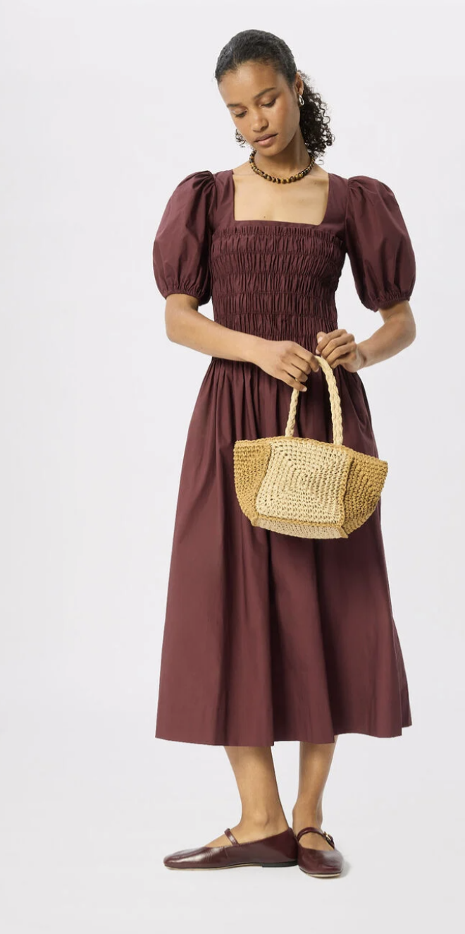 Whistles, Plum Cotton Ruched Bodice Dress