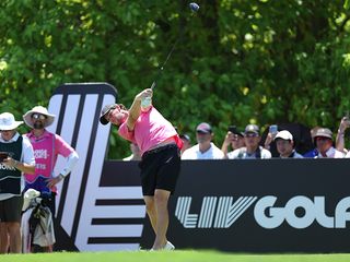 Thomas Pieters hitting a tee shot with driver at a LIV Golf event