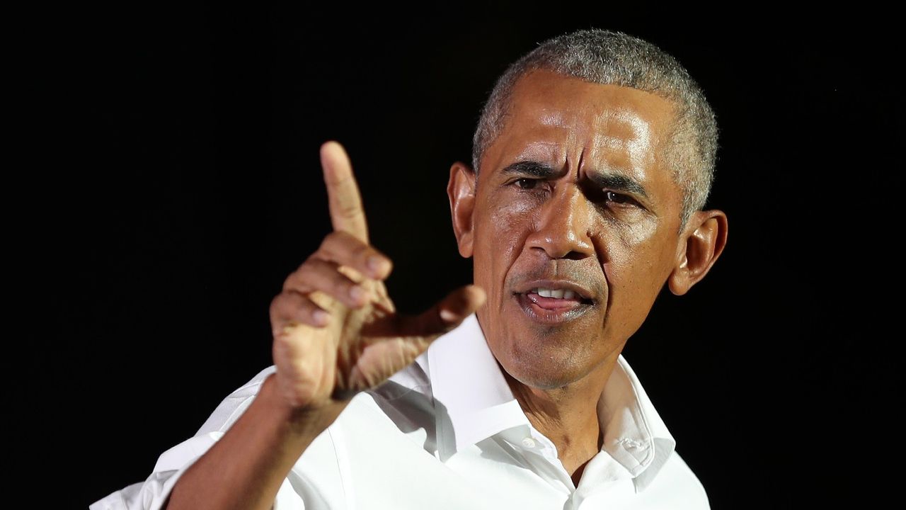 Former President Barack Obama speaks in support of Democratic presidential nominee Joe Biden during a drive-in rally at the Florida International University on November 02, 2020 in Miami, Florida. Mr. Obama is campaigning for his former Vice President before the Nov. 3rd election