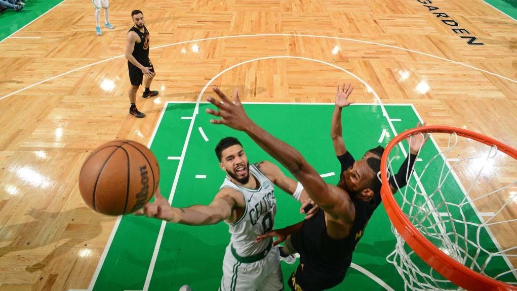 Jayson Tatum #0 of the Boston Celtics drives to the basket during the game against the Cleveland Cavaliers during Round 2 Game 2 of the 2024 NBA Playoffs on May 9, 2024