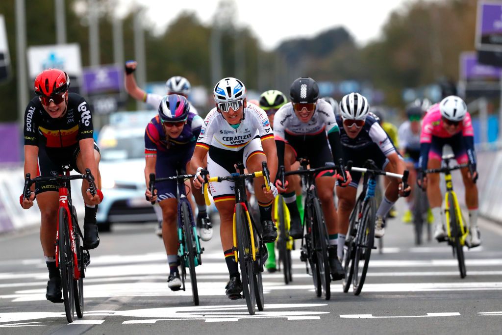 OUDENAARDE BELGIUM OCTOBER 18 Arrival Lotte Kopecky of Belgium and Team Lotto Soudal Ladies Alena Amialiusik of Belarus and Team Canyon Sram Racing Lisa Brennauer of Germany and Ceratizit WNT Pro Cycling Team Demi Vollering of The Netherlands and Team Parkhotel Valkenburg Elisa Longo Borghini of Italy and Team Trek Segafredo during the 17th Tour of Flanders 2020 Ronde van Vlaanderen Women Elite a 1356km stage from Oudenaarde to Oudenaarde RVV20 FlandersClassic on October 18 2020 in Oudenaarde Belgium Photo by Bas CzerwinskiGetty Images