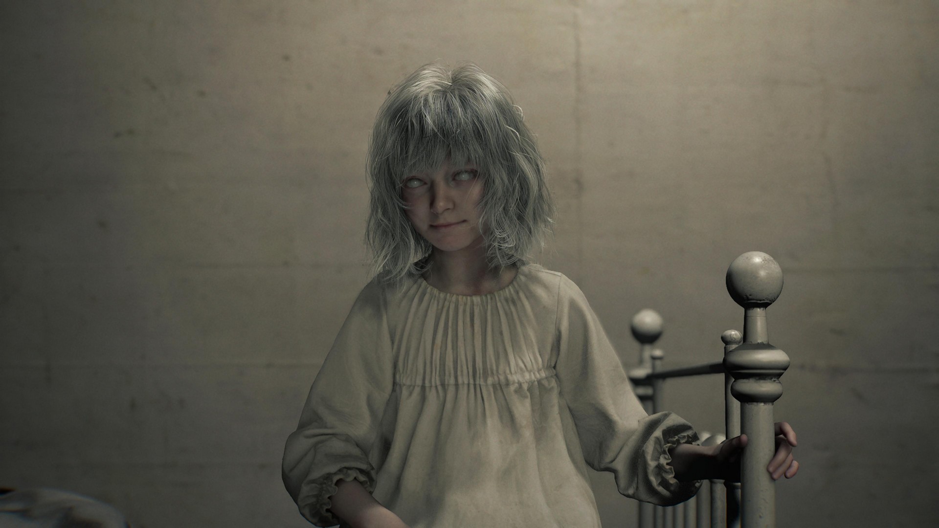 Emily, a blind girl with white hair and an old-fashioned white sleeping robe, sits on a bed in Resident Evil Requiem's care center