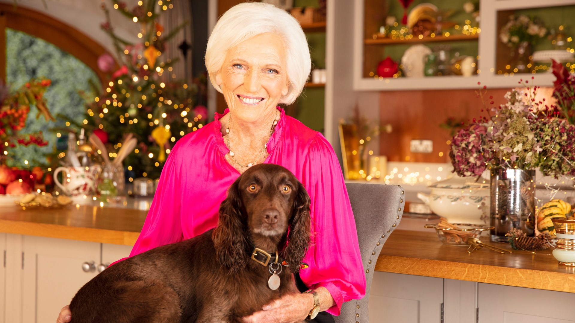 Mary Berry with a chocolate colored spaniel sitting on her lap