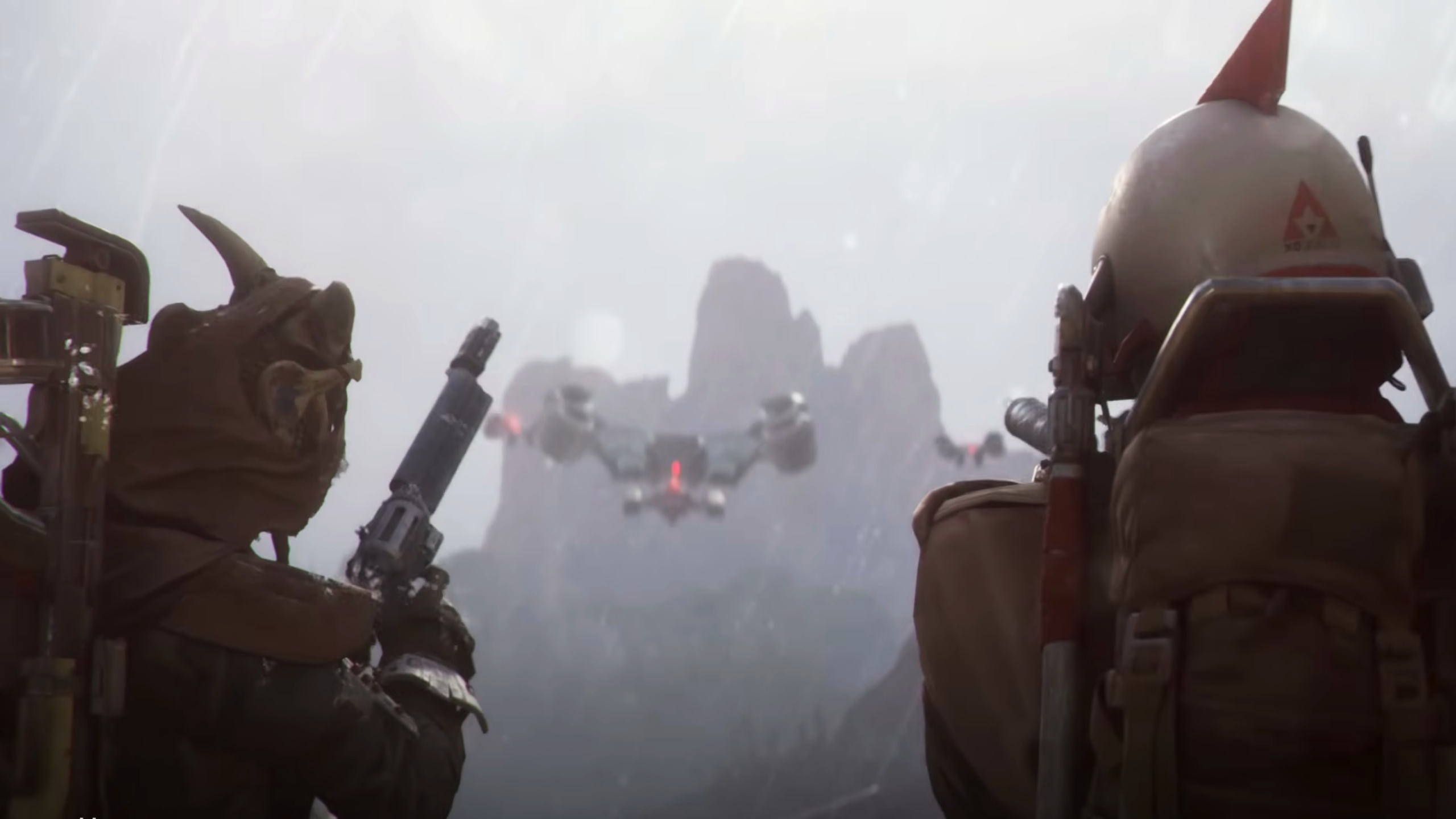 Arc Raiders: Two raiders with the backs to the camera, aiming their weapons at various flying Arc coming towards them.